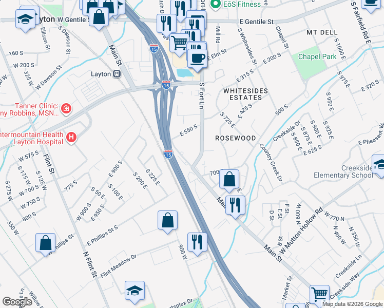 map of restaurants, bars, coffee shops, grocery stores, and more near 571 South Main Street in Layton