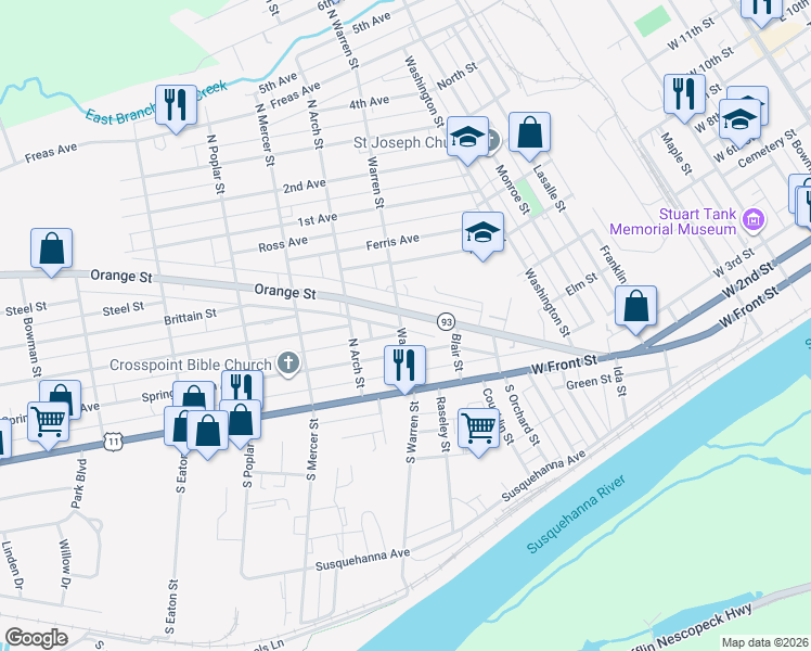 map of restaurants, bars, coffee shops, grocery stores, and more near 300 North Warren Street in Berwick