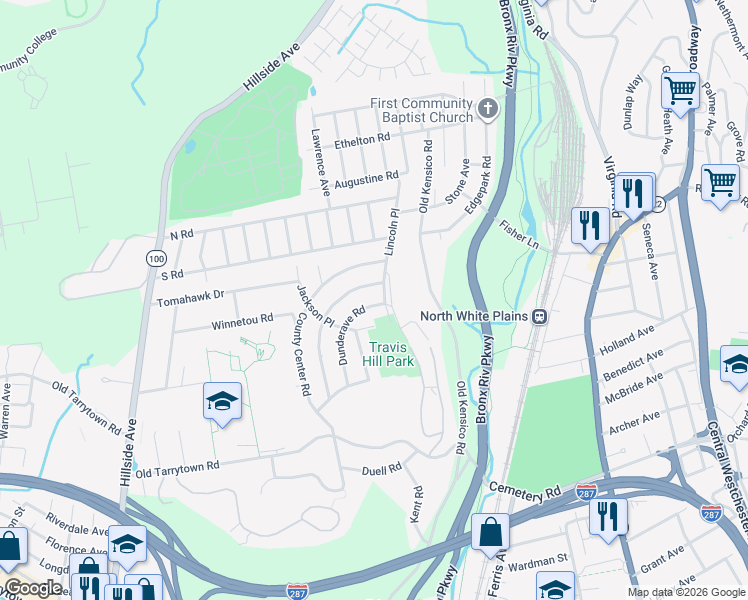 map of restaurants, bars, coffee shops, grocery stores, and more near 3 Dunderave Road in White Plains