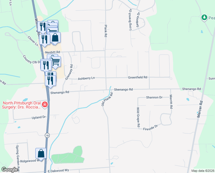 map of restaurants, bars, coffee shops, grocery stores, and more near 81 Shenango Road in New Castle