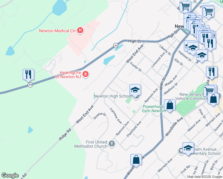 map of restaurants, bars, coffee shops, grocery stores, and more near 2 Ridge View Road in Newton