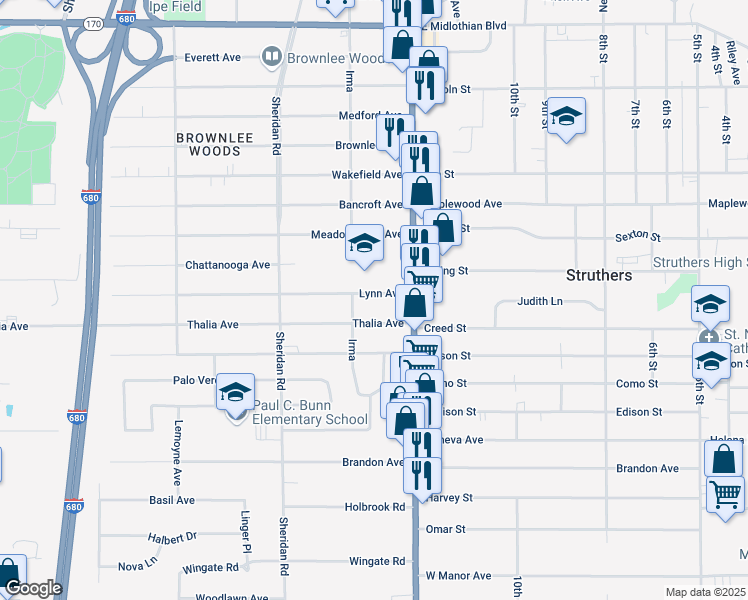 map of restaurants, bars, coffee shops, grocery stores, and more near 2017 Lynn Avenue in Youngstown