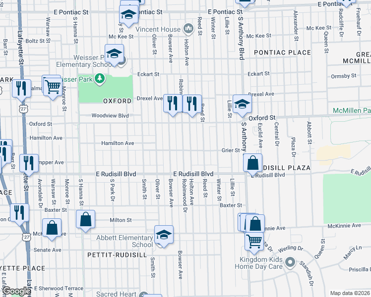 map of restaurants, bars, coffee shops, grocery stores, and more near 3618 Robinwood Drive in Fort Wayne