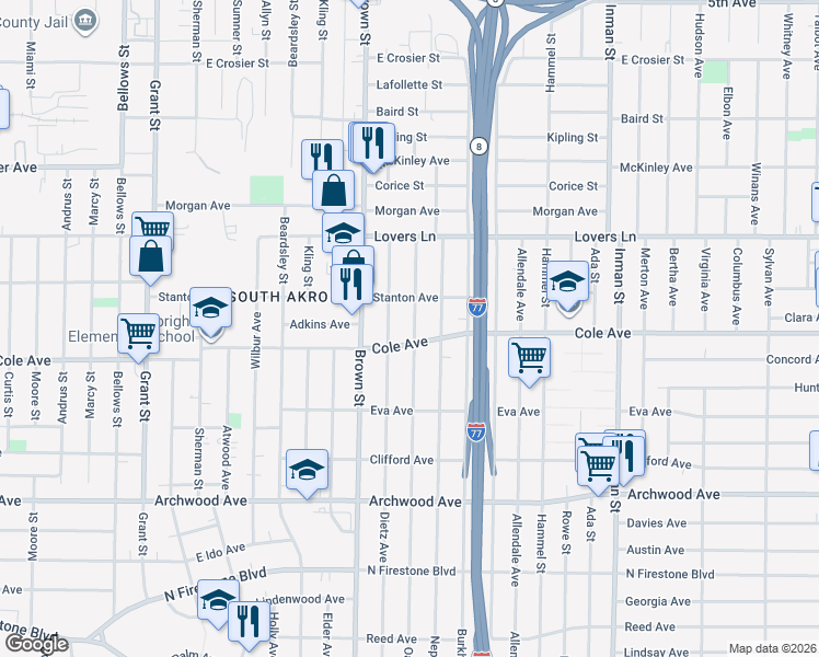 map of restaurants, bars, coffee shops, grocery stores, and more near 1094 Herberich Avenue in Akron