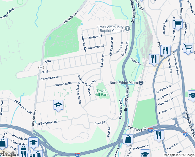 map of restaurants, bars, coffee shops, grocery stores, and more near 2 Wyndover Woods Lane in White Plains