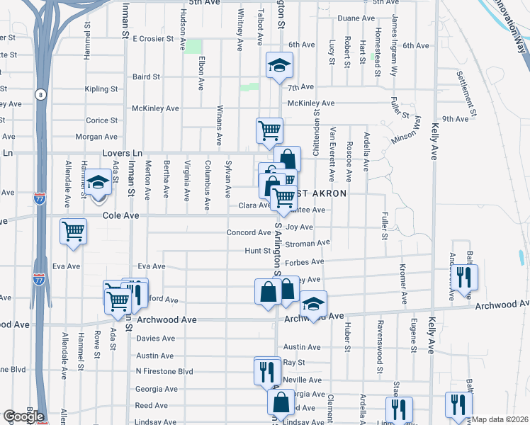 map of restaurants, bars, coffee shops, grocery stores, and more near 996 Clara Avenue in Akron