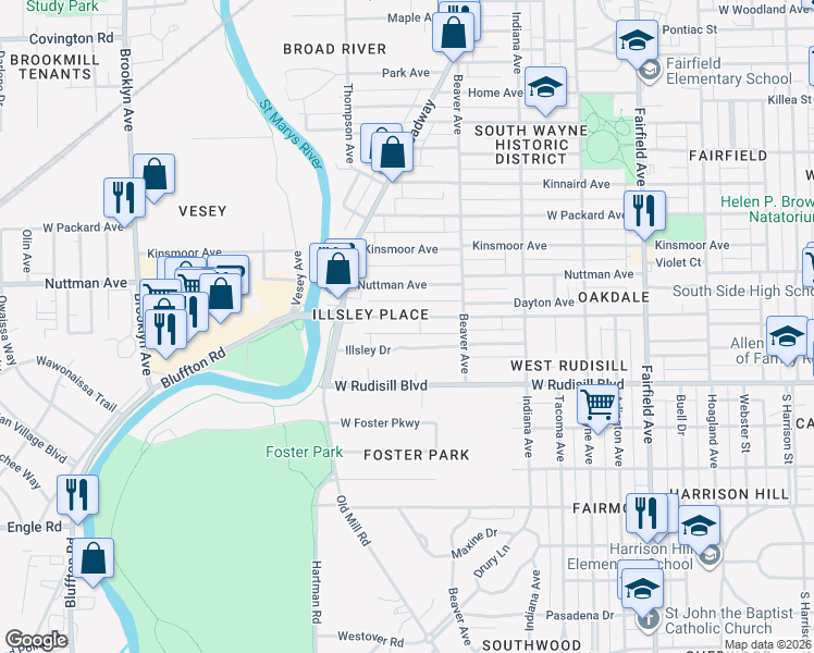 map of restaurants, bars, coffee shops, grocery stores, and more near 1141 West Oakdale Drive in Fort Wayne