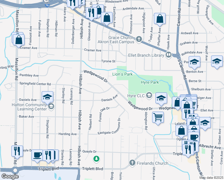 map of restaurants, bars, coffee shops, grocery stores, and more near 2208 Springfield Center Road in Akron