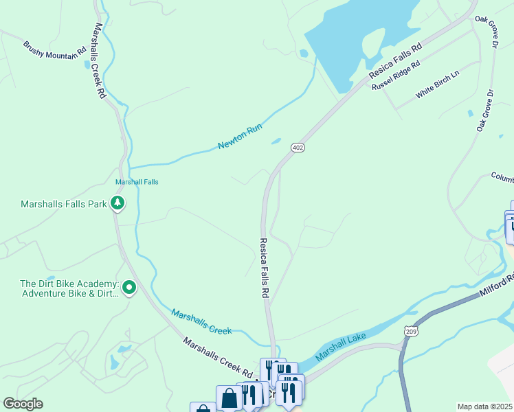 map of restaurants, bars, coffee shops, grocery stores, and more near 457 Resica Falls Road in East Stroudsburg