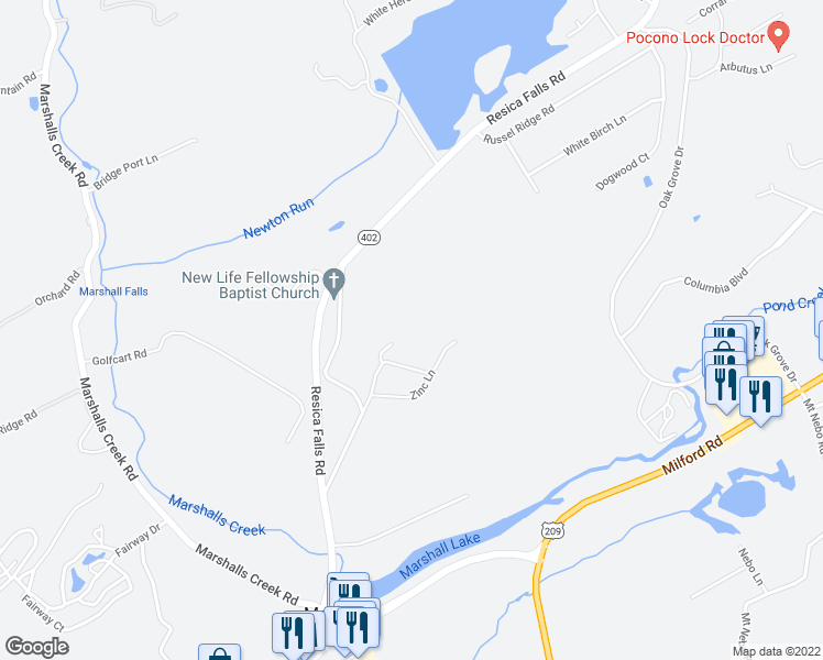map of restaurants, bars, coffee shops, grocery stores, and more near 421 Zinc Lane in East Stroudsburg