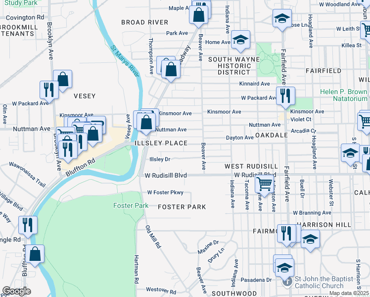 map of restaurants, bars, coffee shops, grocery stores, and more near 1141 West Oakdale Drive in Fort Wayne