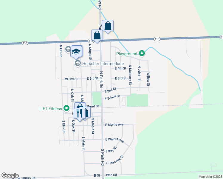 map of restaurants, bars, coffee shops, grocery stores, and more near 401 East 2nd Street in Herscher