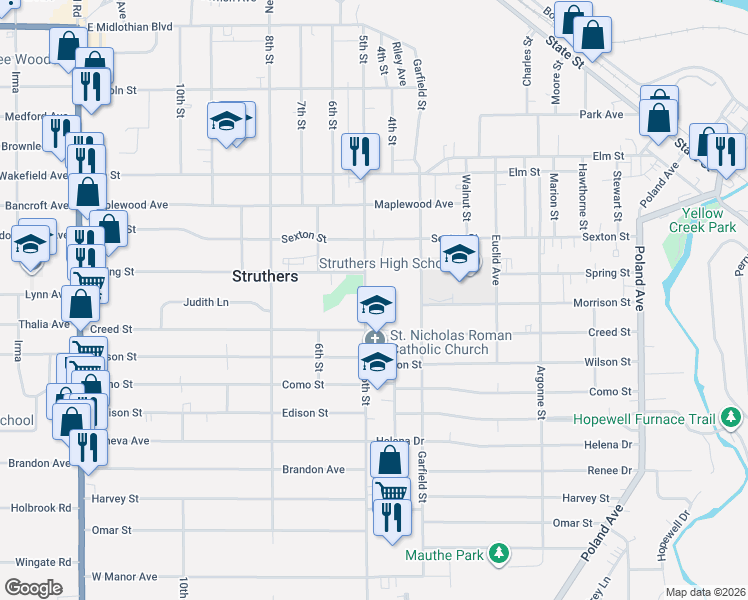 map of restaurants, bars, coffee shops, grocery stores, and more near 718 5th Street in Struthers