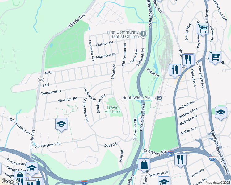 map of restaurants, bars, coffee shops, grocery stores, and more near 2 Wyndover Woods Lane in White Plains
