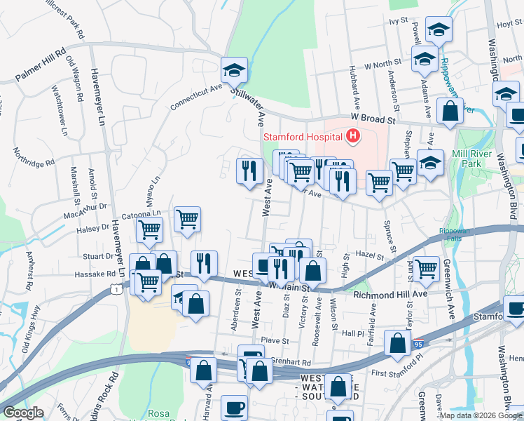 map of restaurants, bars, coffee shops, grocery stores, and more near 20 Acosta Street in Stamford