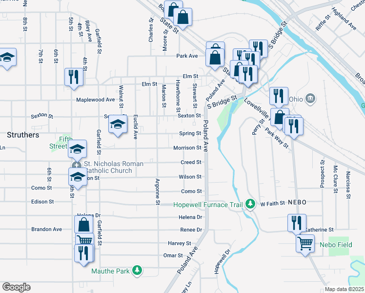map of restaurants, bars, coffee shops, grocery stores, and more near in Struthers