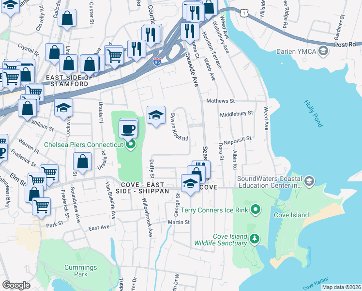 map of restaurants, bars, coffee shops, grocery stores, and more near 437 Sylvan Knoll Road in Stamford