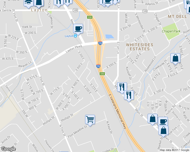 map of restaurants, bars, coffee shops, grocery stores, and more near 255 East 935 South in Layton