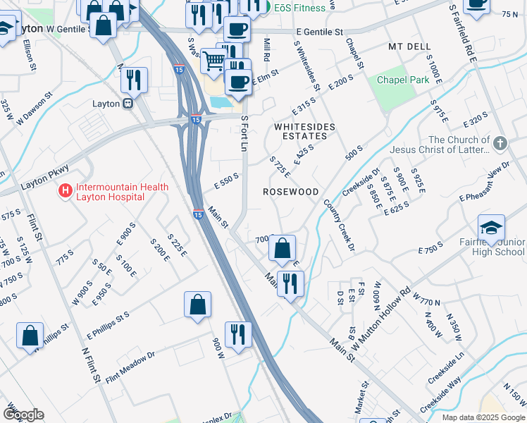 map of restaurants, bars, coffee shops, grocery stores, and more near 571 South Fort Lane in Layton