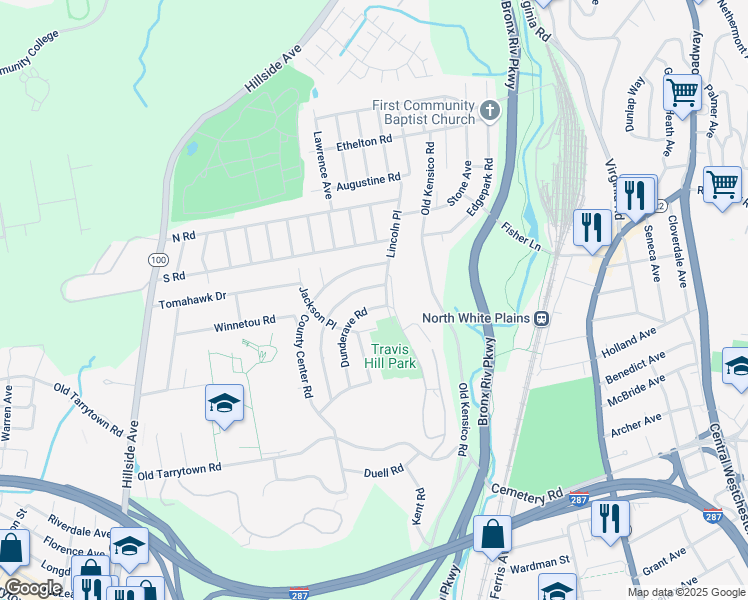 map of restaurants, bars, coffee shops, grocery stores, and more near 2 Wyndover Woods Lane in White Plains