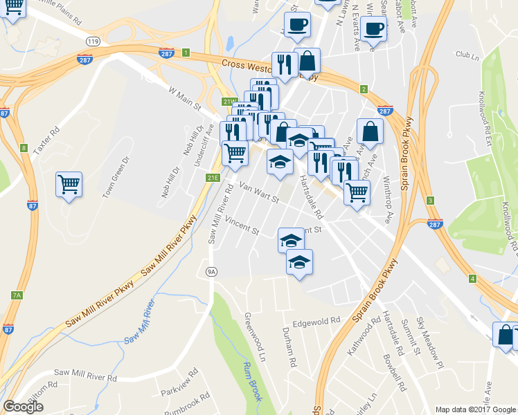 map of restaurants, bars, coffee shops, grocery stores, and more near 36 South Lawn Avenue in Elmsford