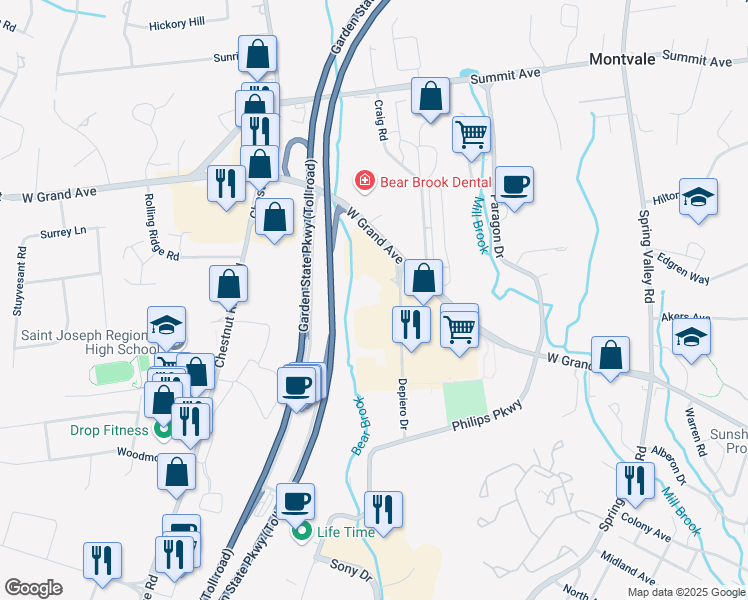 map of restaurants, bars, coffee shops, grocery stores, and more near 1 Mercedes Dr in Montvale
