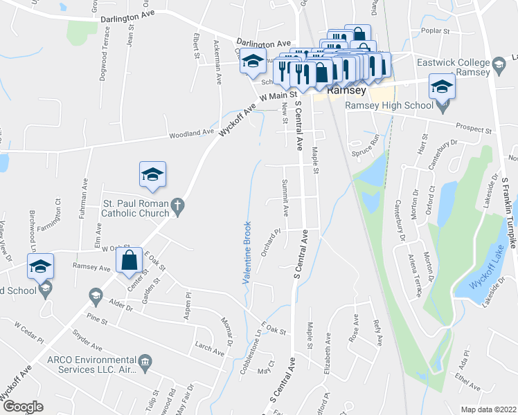 map of restaurants, bars, coffee shops, grocery stores, and more near 141 Prince Street in Ramsey