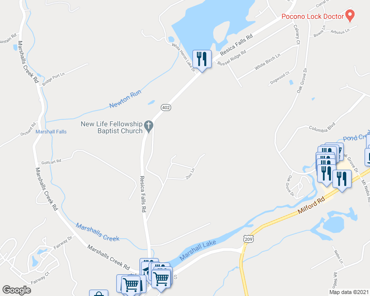 map of restaurants, bars, coffee shops, grocery stores, and more near 421 Zinc Lane in East Stroudsburg
