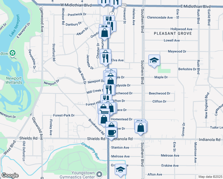 map of restaurants, bars, coffee shops, grocery stores, and more near 4605 Market Street in Youngstown