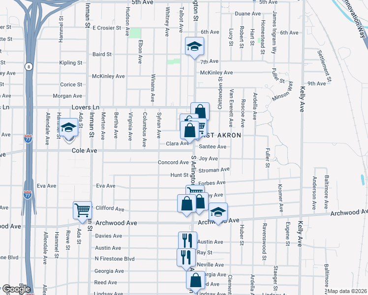 map of restaurants, bars, coffee shops, grocery stores, and more near 996 Clara Avenue in Akron