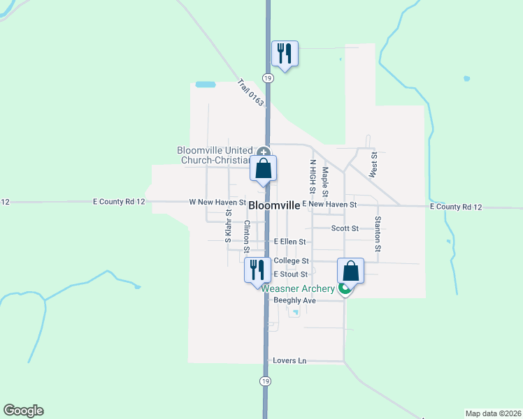 map of restaurants, bars, coffee shops, grocery stores, and more near 1-13 W New Haven St in Bloomville