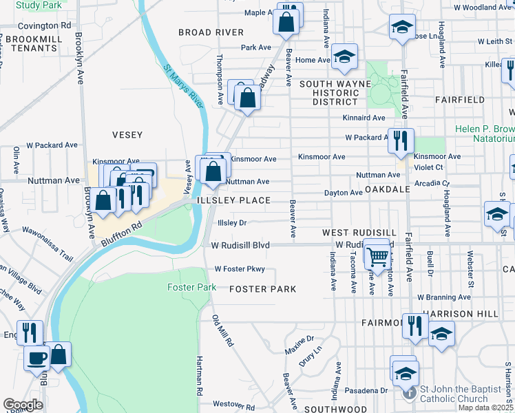 map of restaurants, bars, coffee shops, grocery stores, and more near 1141 West Oakdale Drive in Fort Wayne