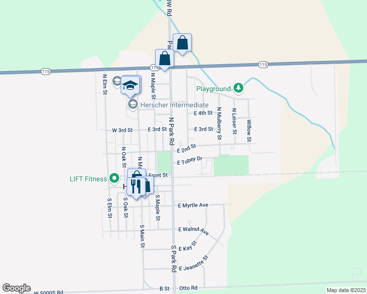 map of restaurants, bars, coffee shops, grocery stores, and more near 401 East 2nd Street in Herscher