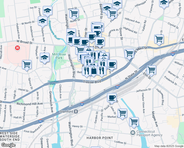 map of restaurants, bars, coffee shops, grocery stores, and more near 252 Atlantic Street in Stamford
