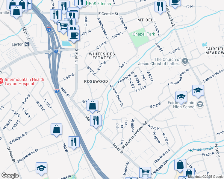 map of restaurants, bars, coffee shops, grocery stores, and more near 522 Country Creek Drive in Layton