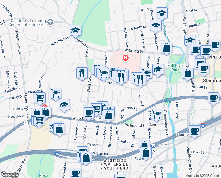 map of restaurants, bars, coffee shops, grocery stores, and more near in Stamford