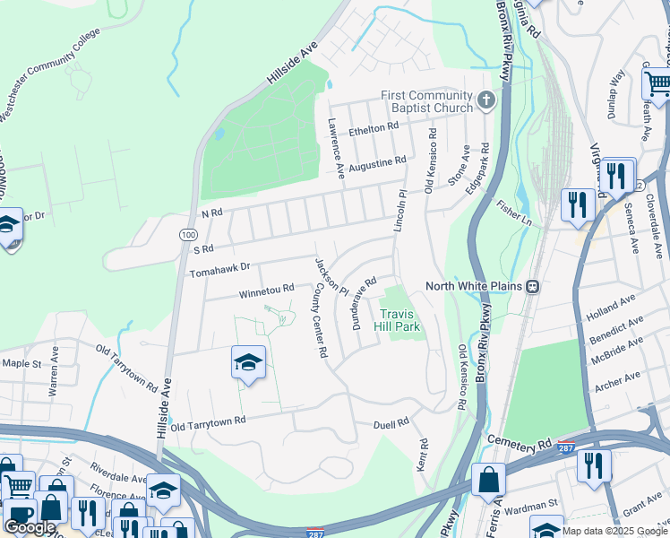 map of restaurants, bars, coffee shops, grocery stores, and more near 360 County Center Road in White Plains