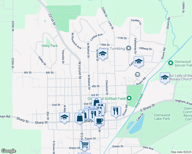 map of restaurants, bars, coffee shops, grocery stores, and more near 504 North Vine Street in Glenwood