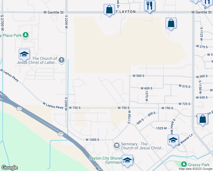 map of restaurants, bars, coffee shops, grocery stores, and more near 583 South Alberta Spruce Drive in Layton