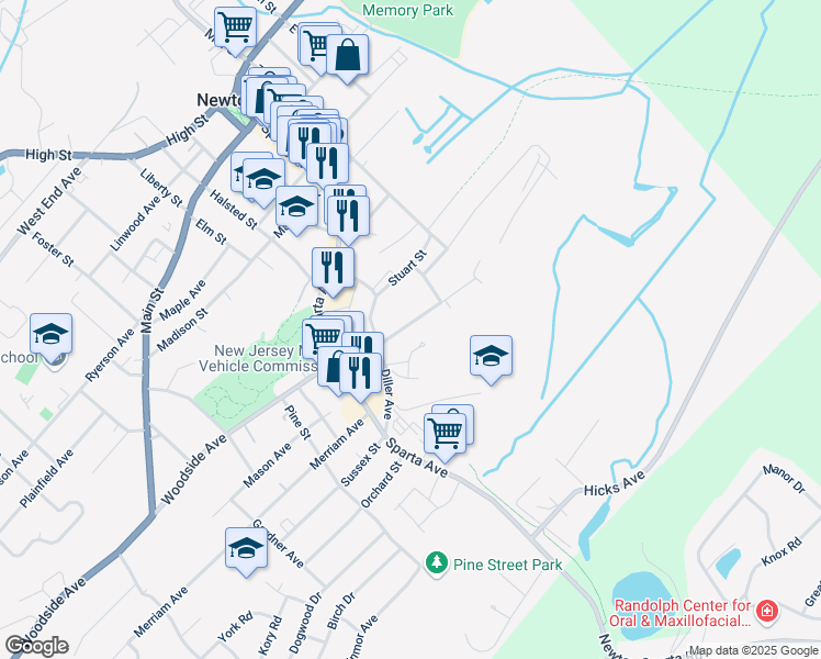 map of restaurants, bars, coffee shops, grocery stores, and more near 12 New Hampshire Street in Newton