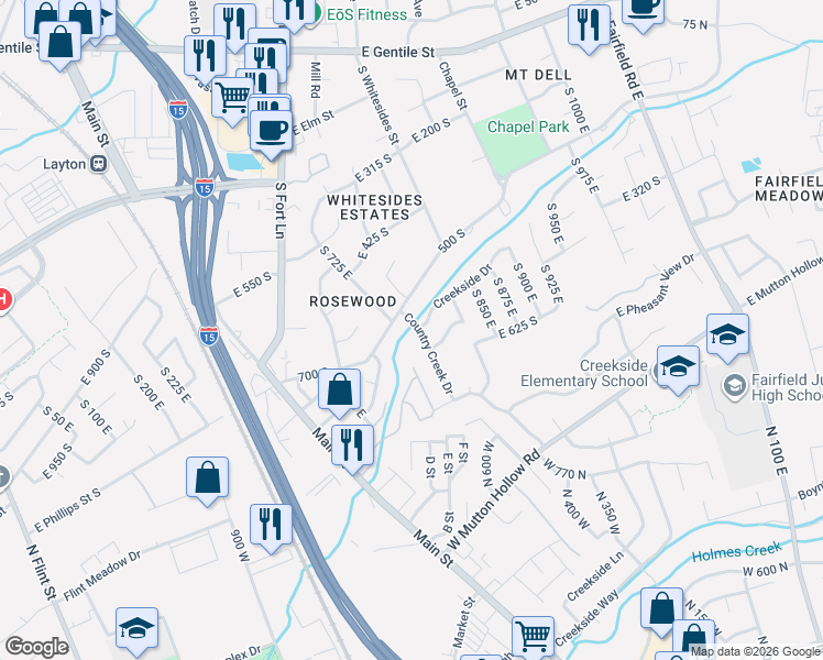map of restaurants, bars, coffee shops, grocery stores, and more near 522 Country Creek Drive in Layton