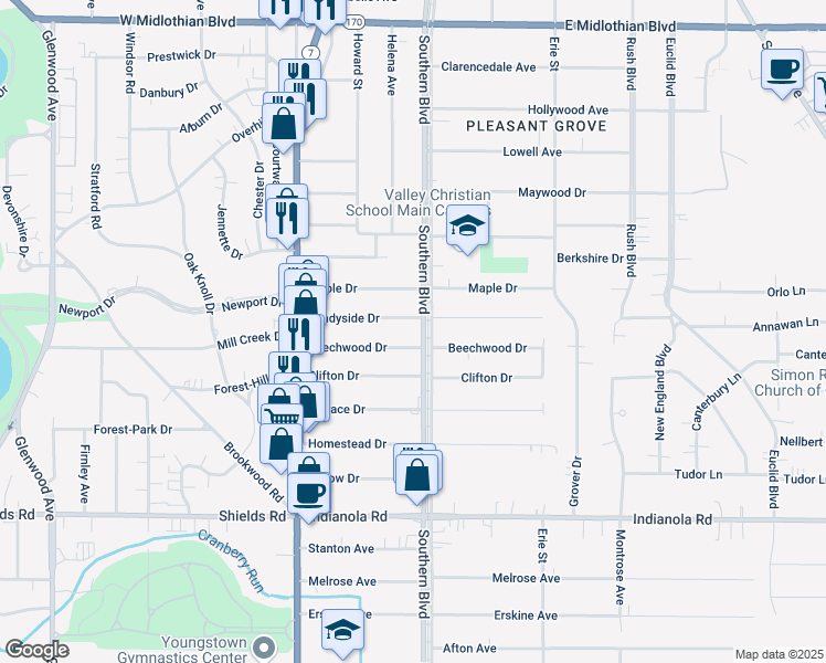 map of restaurants, bars, coffee shops, grocery stores, and more near 4610 Southern Boulevard in Youngstown