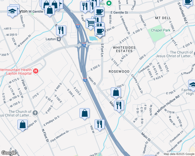 map of restaurants, bars, coffee shops, grocery stores, and more near 571 South Main Street in Layton