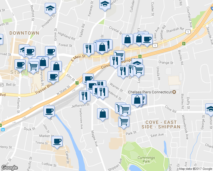 map of restaurants, bars, coffee shops, grocery stores, and more near 129 Myrtle Avenue in Stamford