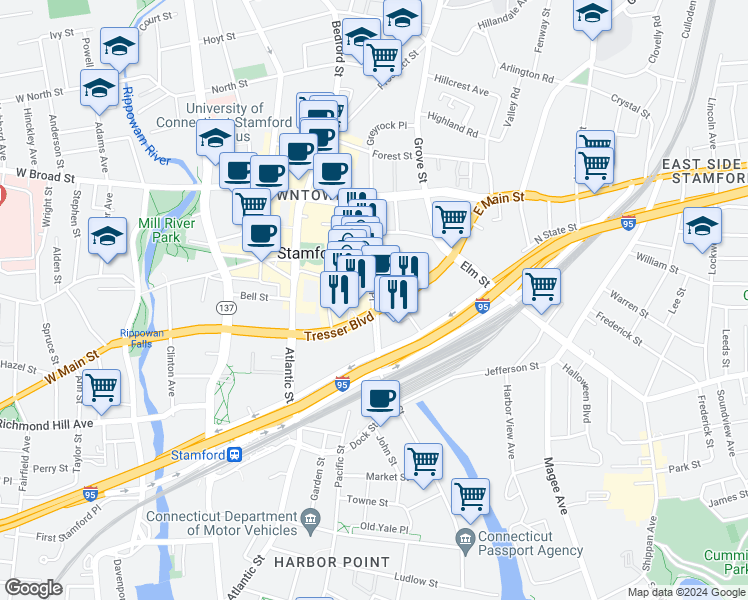 map of restaurants, bars, coffee shops, grocery stores, and more near 1 Greyrock Place in Stamford