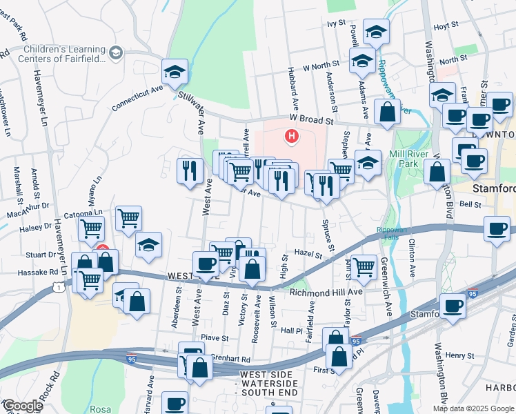 map of restaurants, bars, coffee shops, grocery stores, and more near in Stamford