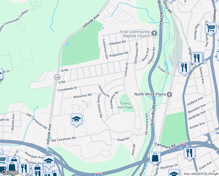 map of restaurants, bars, coffee shops, grocery stores, and more near 360 County Center Road in White Plains