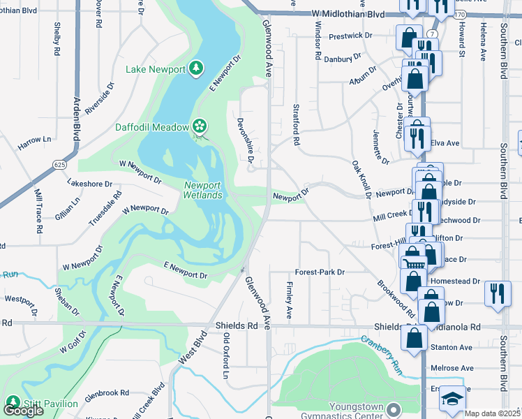 map of restaurants, bars, coffee shops, grocery stores, and more near 4890 Glenwood Avenue in Youngstown