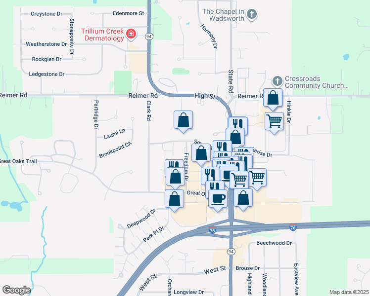 map of restaurants, bars, coffee shops, grocery stores, and more near 1054 Freedom Drive in Wadsworth