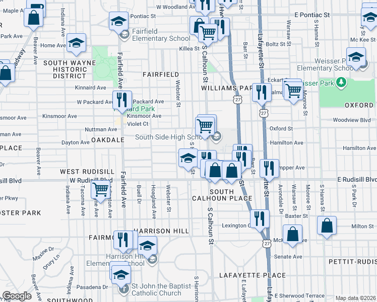 map of restaurants, bars, coffee shops, grocery stores, and more near 3625 South Harrison Street in Fort Wayne